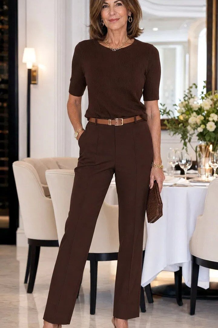 Fall dinner outfit for women over 50: chocolate brown short-sleeve top with brown trousers, dinner table