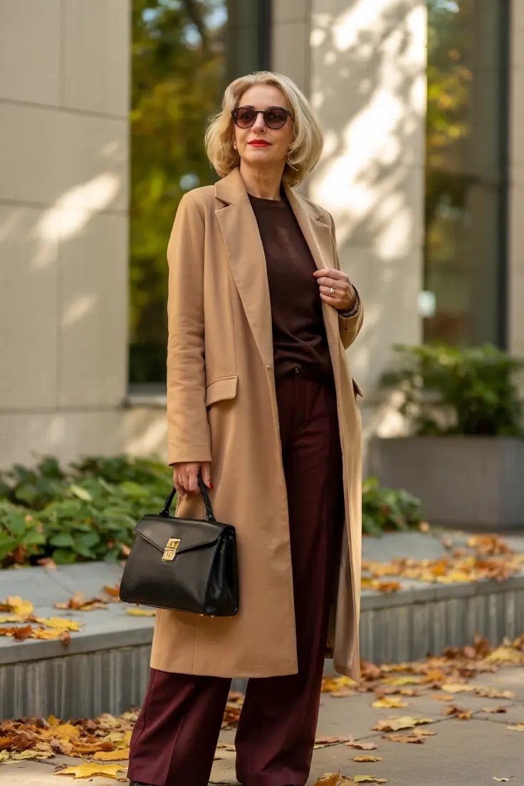 Fall dinner outfit for women over 50: camel coat with burgundy top and burgundy wide-leg trousers, fall leaves