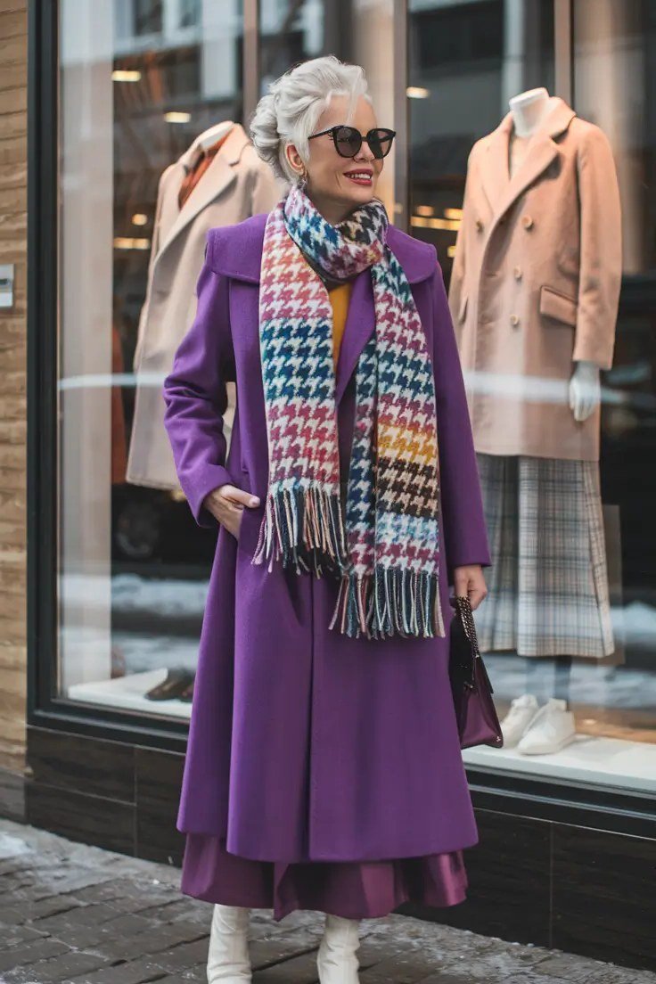 Fall dinner outfit for women over 50: purple coat with plaid scarf and purple midi skirt, white boots