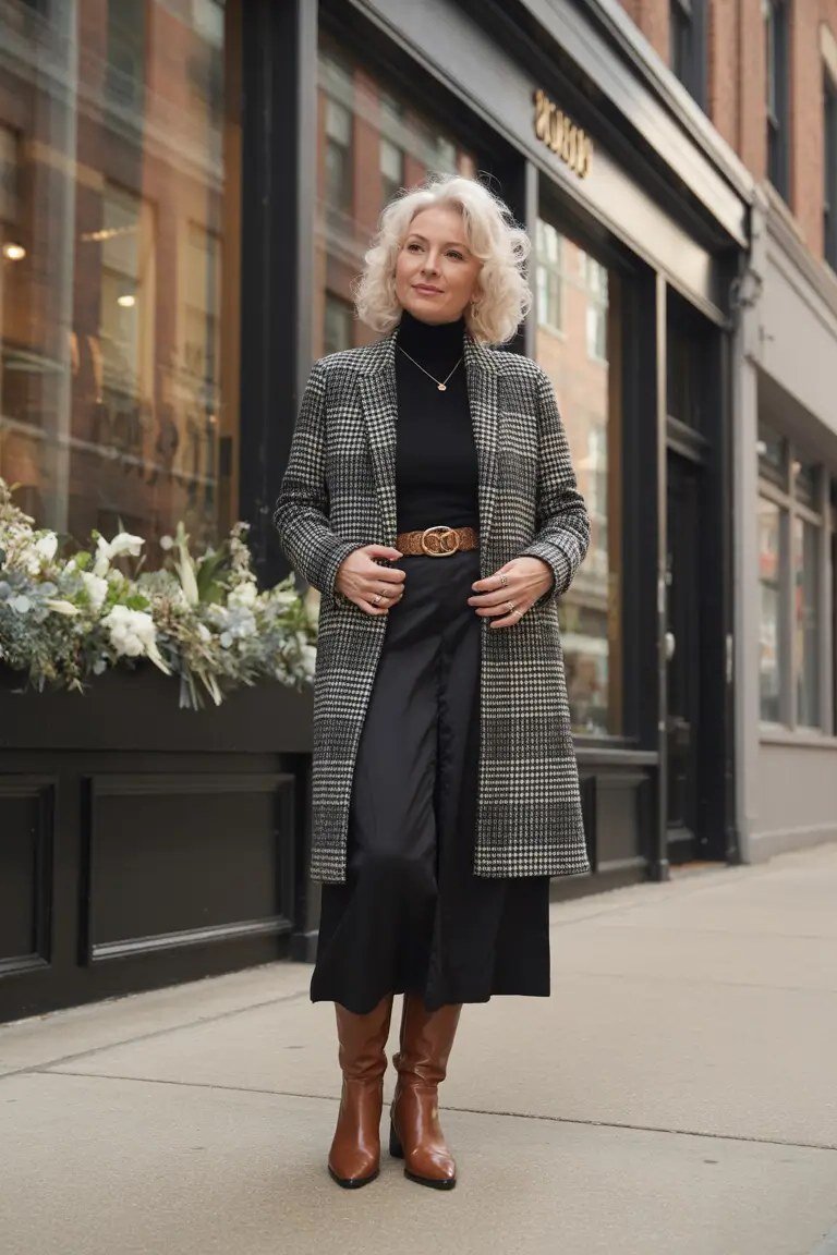 Fall dinner outfit for women over 50: grey plaid coat over black dress, brown boots, storefront