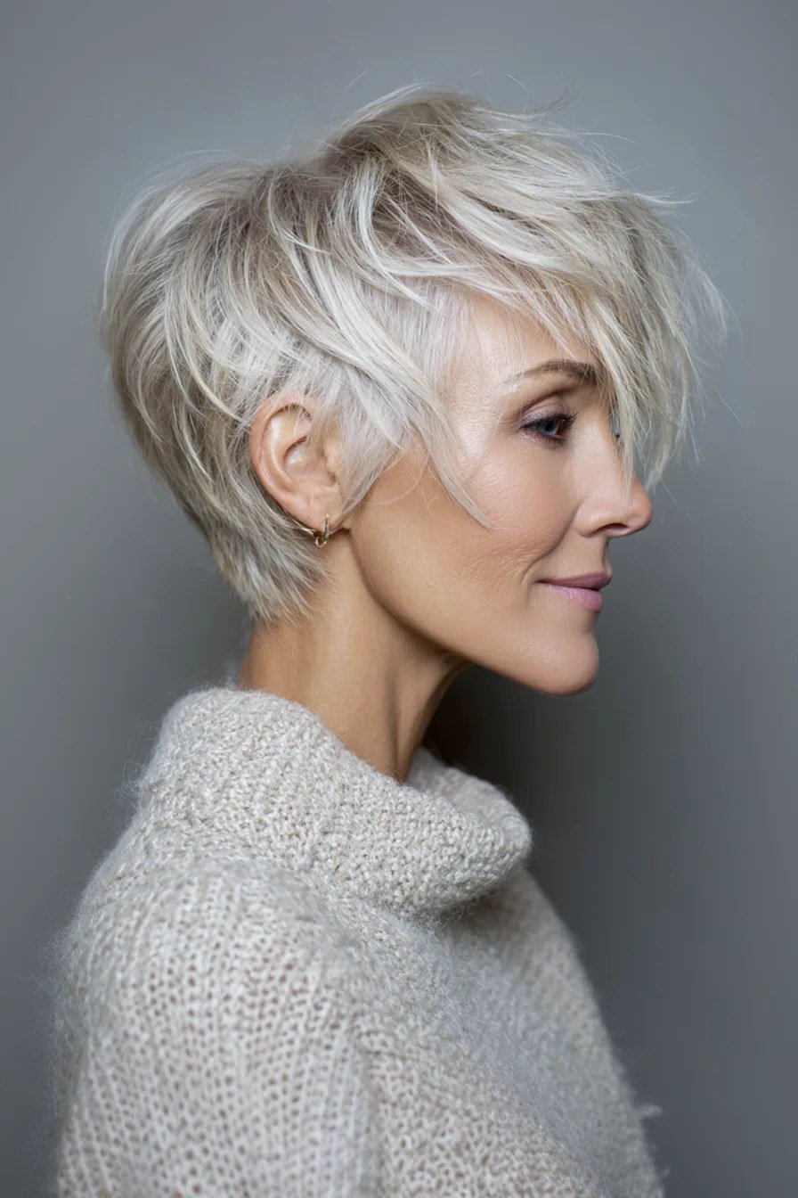 Tousled White Pixie fall hairstyle for women over 50