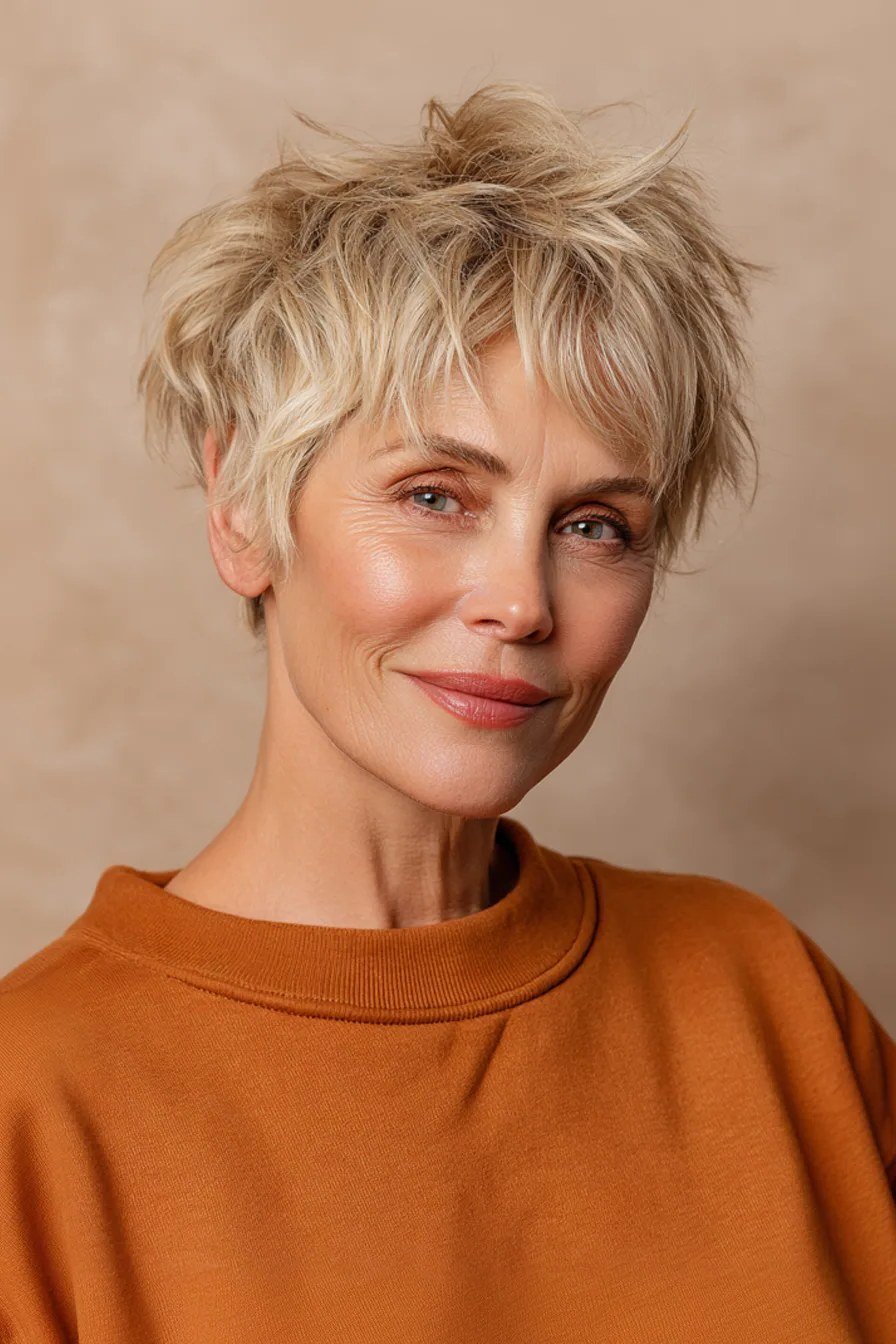 Textured Blonde Pixie fall hairstyle for women over 50