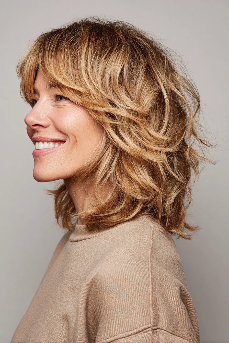 Shaggy Blonde Bob with Bangs fall hairstyle for women over 50