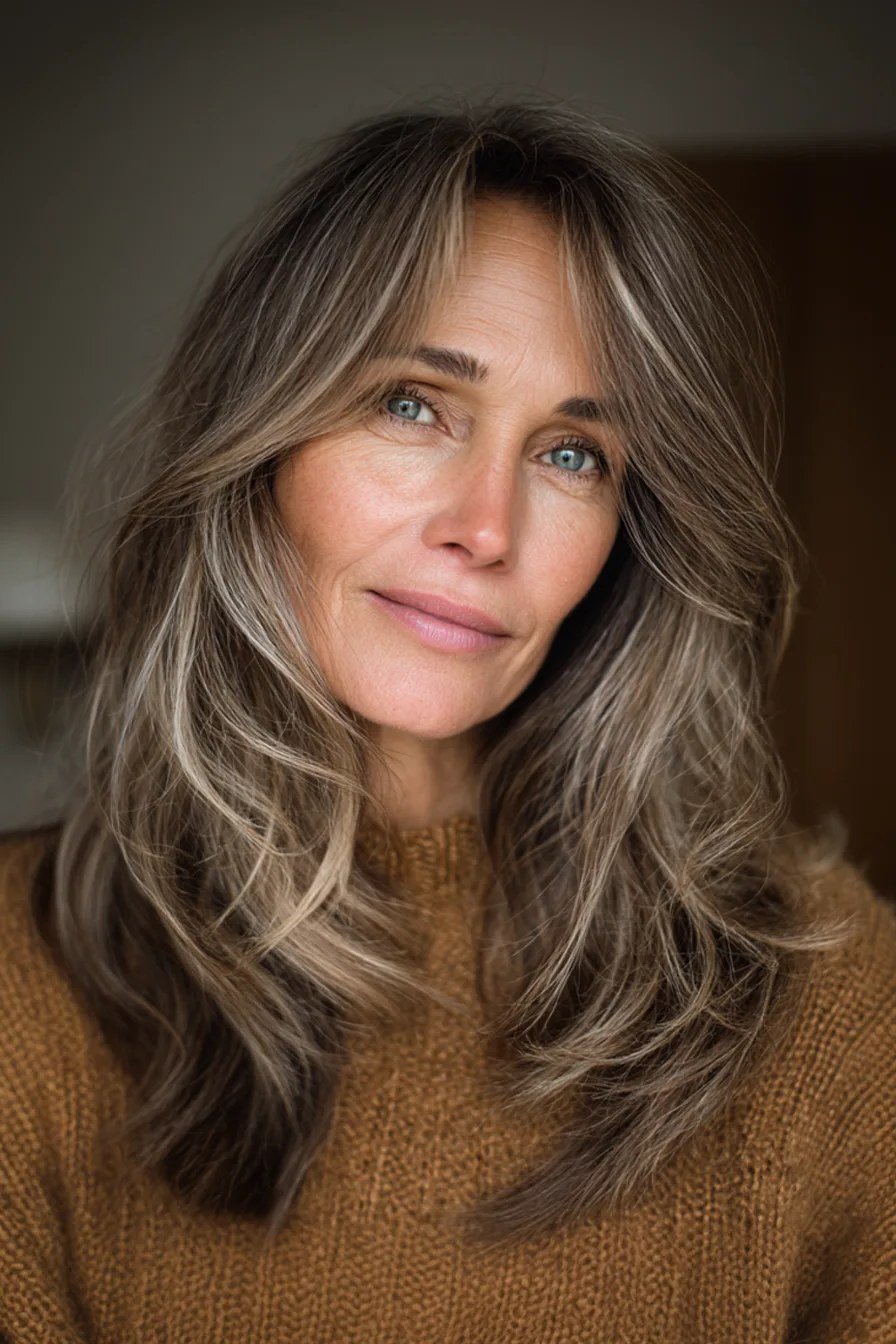 Long Silver-Grey Waves fall hairstyle for women over 50