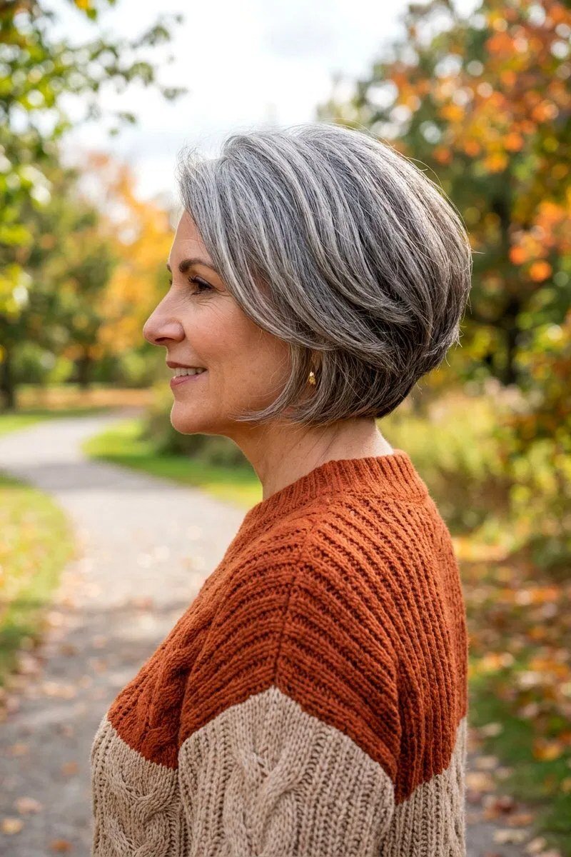 Side-Parted Grey Bob fall hairstyle for women over 50