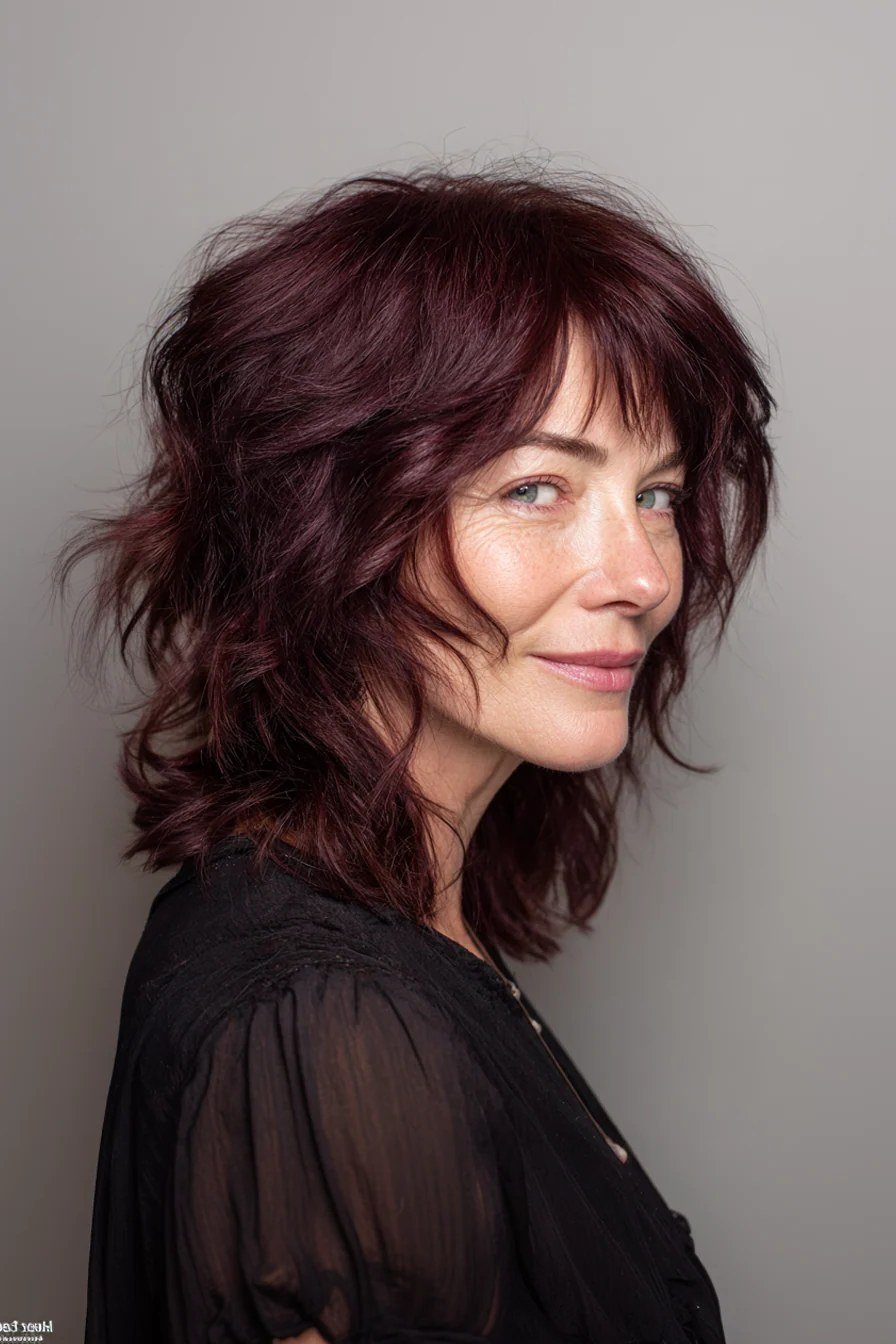 Burgundy Wavy Lob fall hairstyle for women over 50