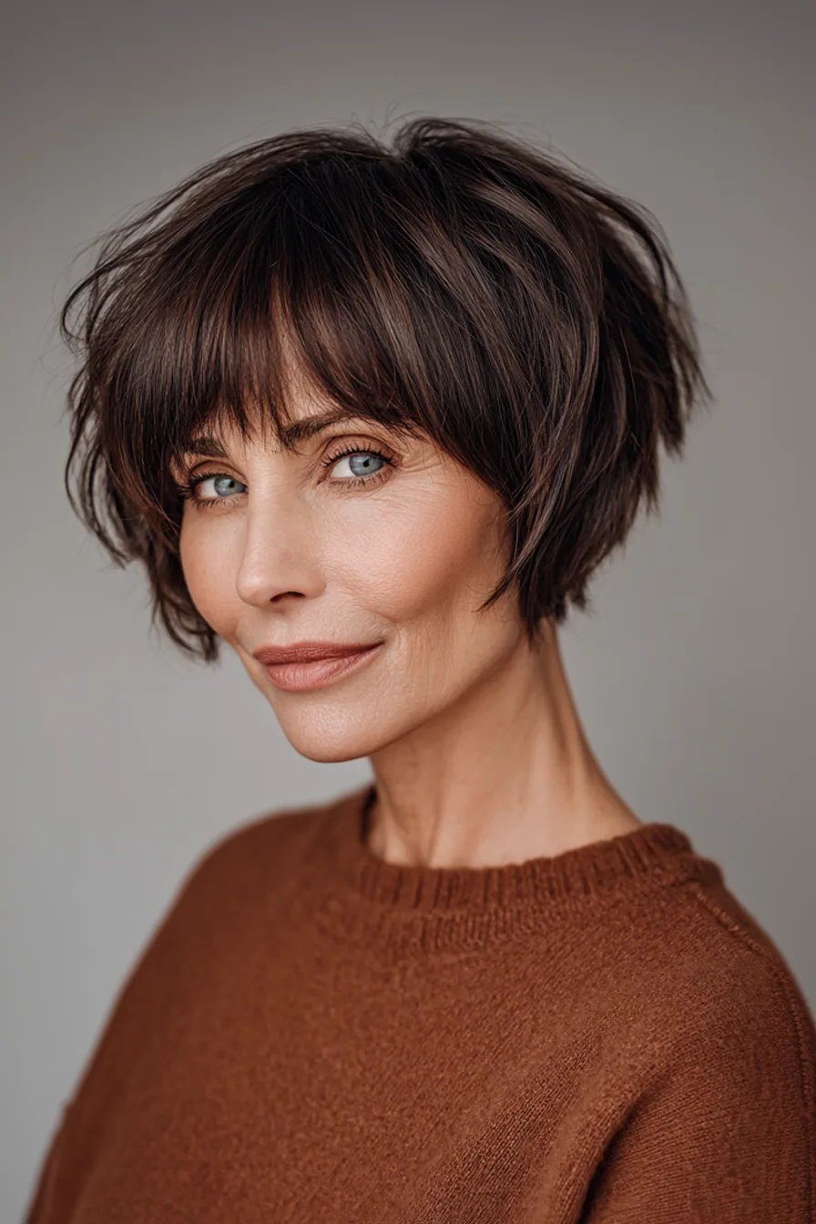 Dark Pixie-Bob with Bangs fall hairstyle for women over 50