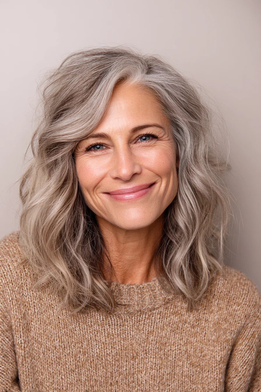 Silver Wavy Lob fall hairstyle for women over 50