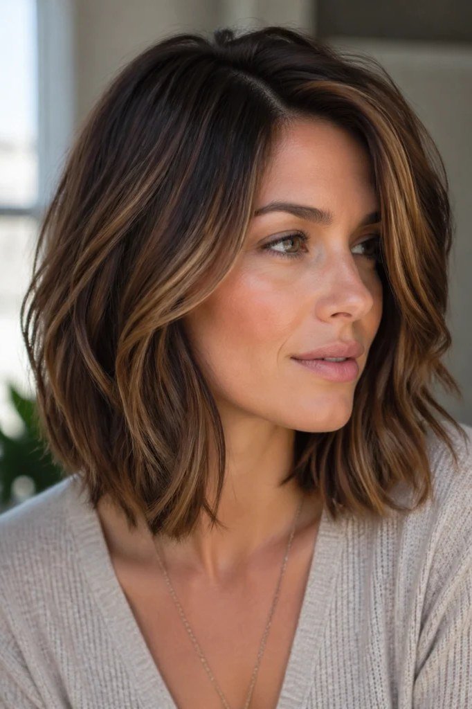 Brown Balayage Lob fall hairstyle for women over 50
