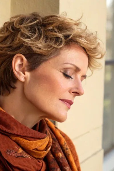 Curly Blonde Pixie fall hairstyle for women over 50