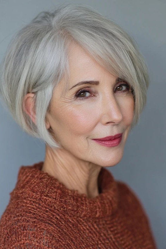 Silver Pixie-Bob fall hairstyle for women over 50