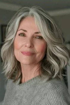 Soft Silver Wavy Lob fall hairstyle for women over 50