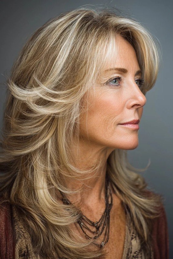 Mid-Length Blonde Layered Cut fall hairstyle for women over 50