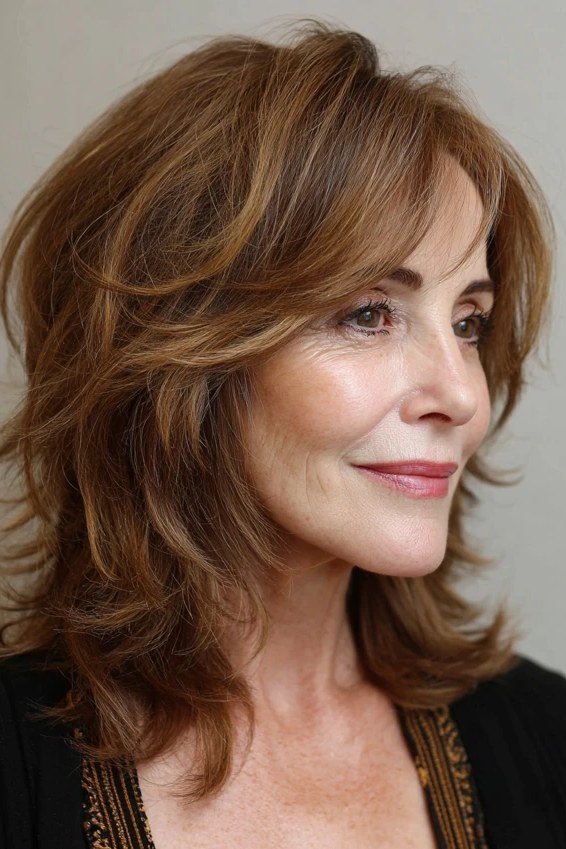 Auburn Shaggy Layers fall hairstyle for women over 50