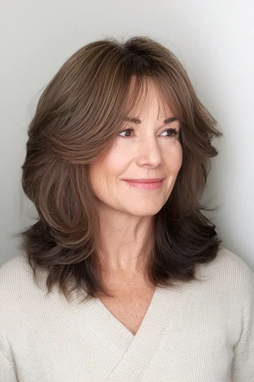 Brown Lob with Bangs fall hairstyle for women over 50