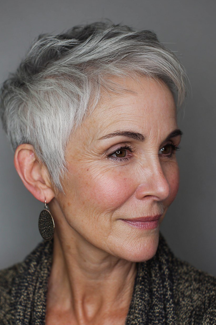 Side-Swept Silver Pixie fall hairstyle for women over 50