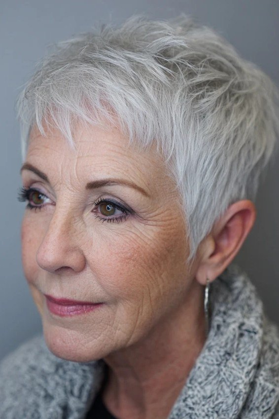 White Textured Pixie fall hairstyle for women over 50