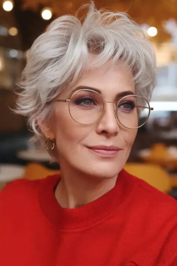 White Curly Pixie fall hairstyle for women over 50
