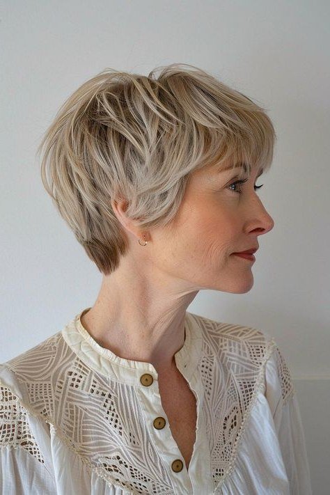 Chin-Length Blonde Rounded Bob fall hairstyle for women over 50