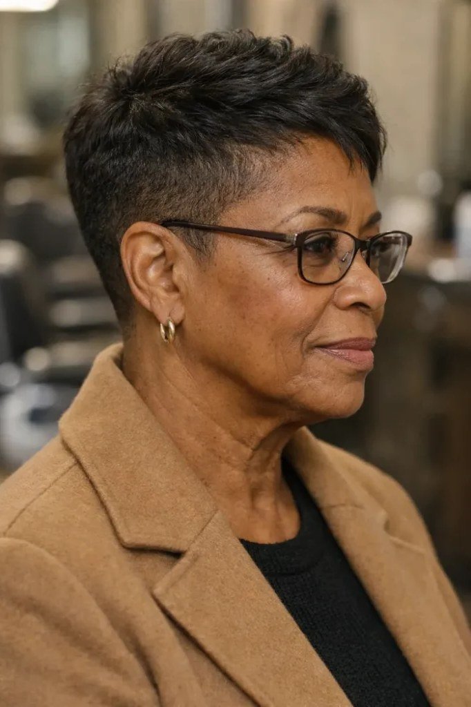 Dark Pixie with Glasses fall hairstyle for women over 50