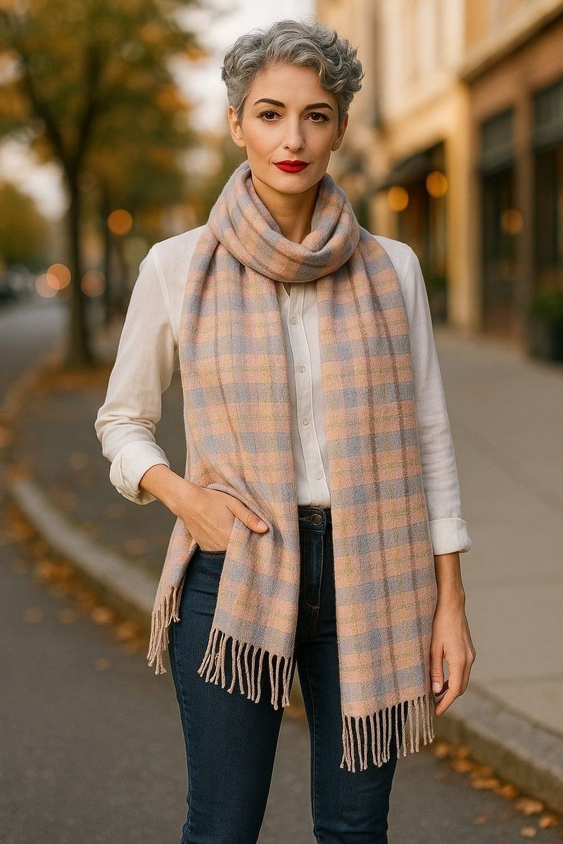 Older woman in a cream sweater with blush plaid scarf and jeans on a city street - stylish fall look for older women
