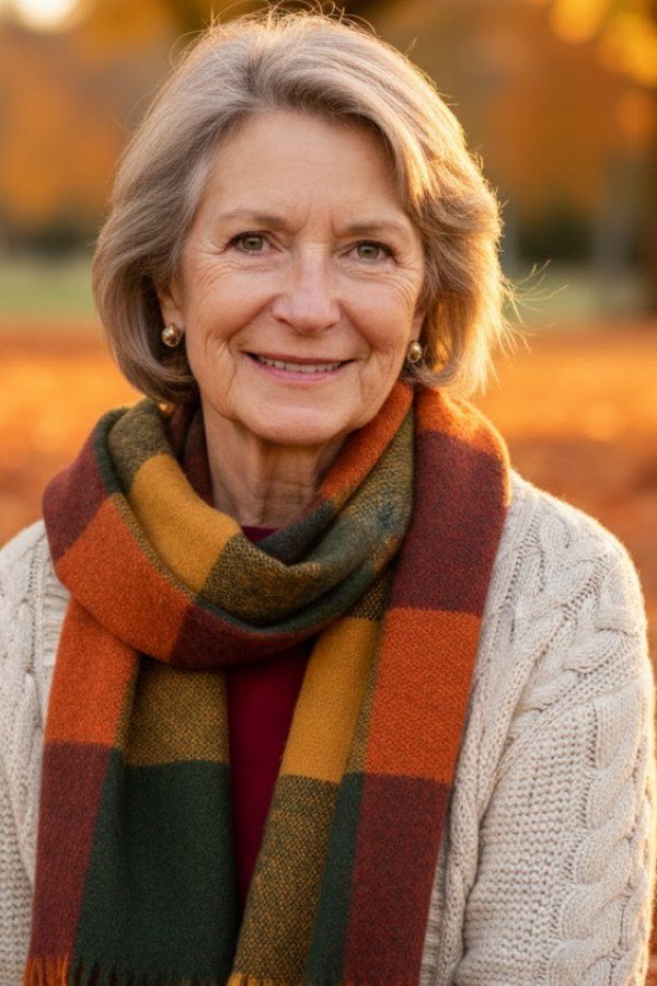 Close-up of an older woman in a cream cable-knit sweater with a rust-orange plaid scarf in autumn - stylish fall look for older women
