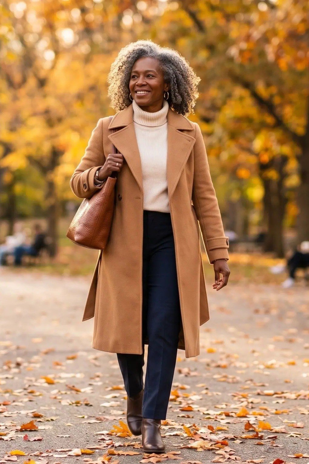 Older woman in a camel coat with cream turtleneck and tan trousers on a park path - stylish fall look for older women