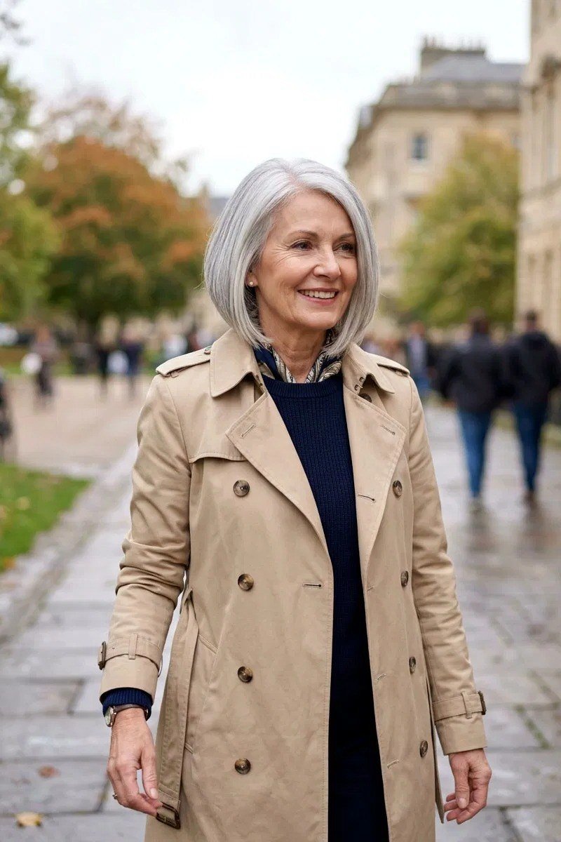 Older woman in a beige trench coat over a dark dress, smiling in a city park - stylish fall look for older women