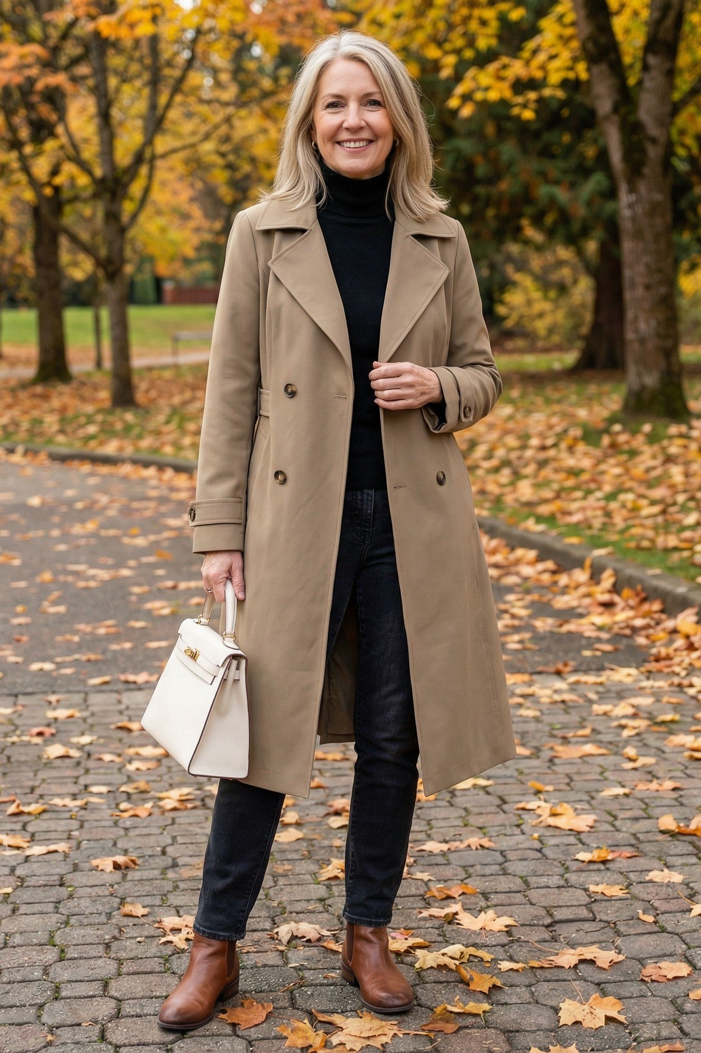Older woman in a trench coat with a white handbag and brown boots on a leaf-strewn avenue - stylish fall look for older women