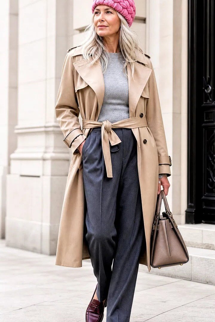 Older woman in a tan trench coat with a pink knit beanie and gray trousers on a city sidewalk - stylish fall look for older women