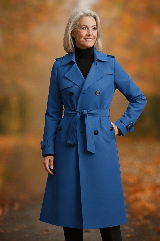 Older woman in a cobalt blue trench coat in autumn woods - stylish fall look for older women