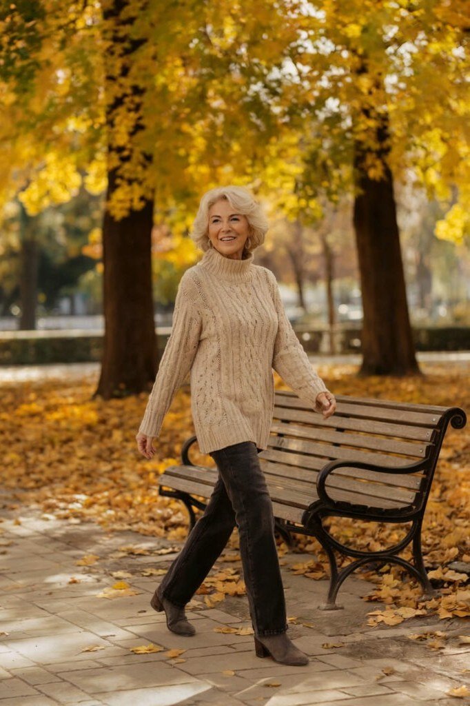 Older woman in a beige cable-knit sweater with dark jeans on a park bench - stylish fall look for older women