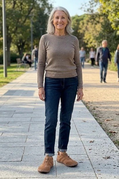 Older woman in a taupe sweater with dark jeans and tan boots on a city path - stylish fall look for older women