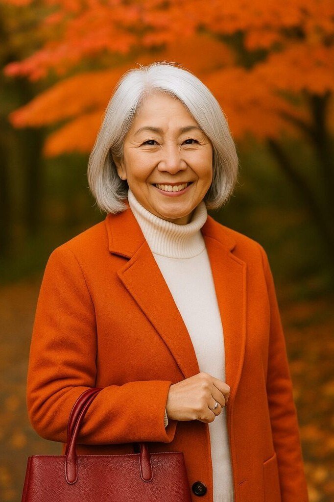 Older woman in a burnt-orange blazer with a white turtleneck and red handbag in an autumn park - stylish fall look for older women