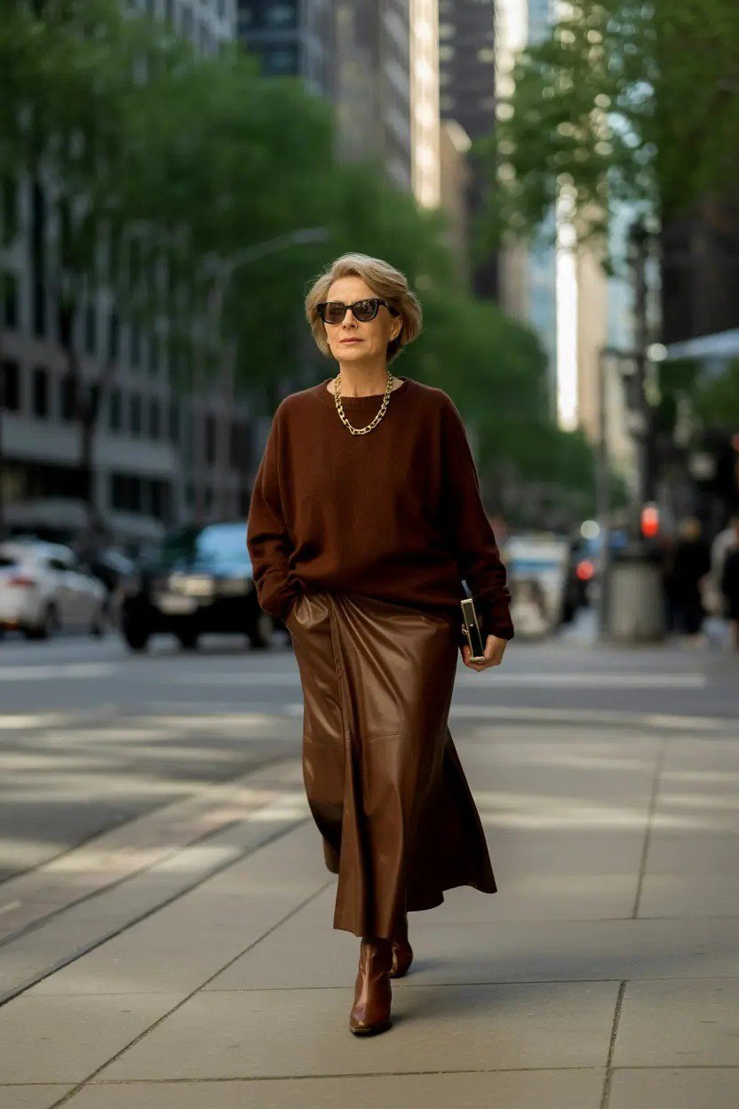 Older woman in a brown sweater with a bronze leather midi skirt and boots on a city street - stylish fall look for older women