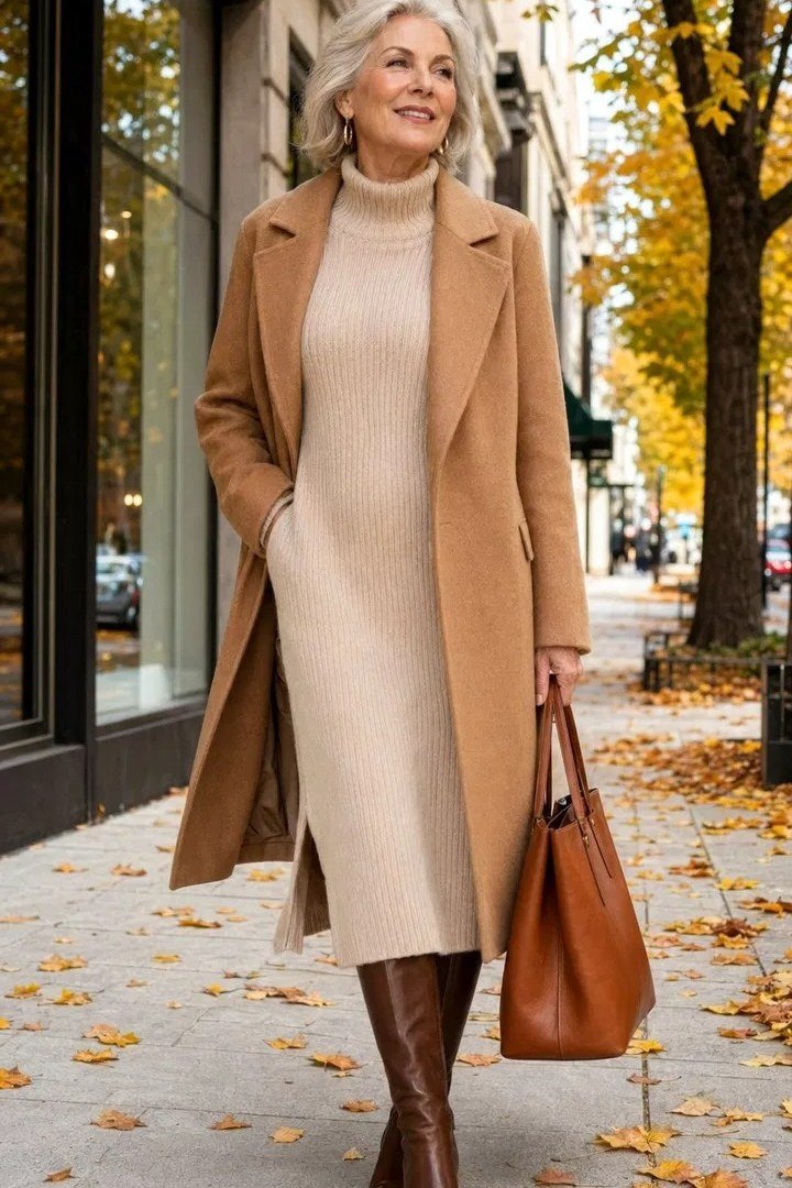Older woman in a camel coat with a cream sweater dress and tan knee boots on a city street - stylish fall look for older women