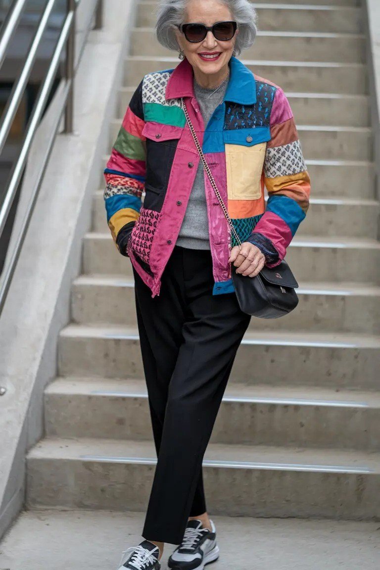 Older woman in a colorful patchwork quilted jacket with black trousers and sneakers on stone stairs - stylish fall look for older women