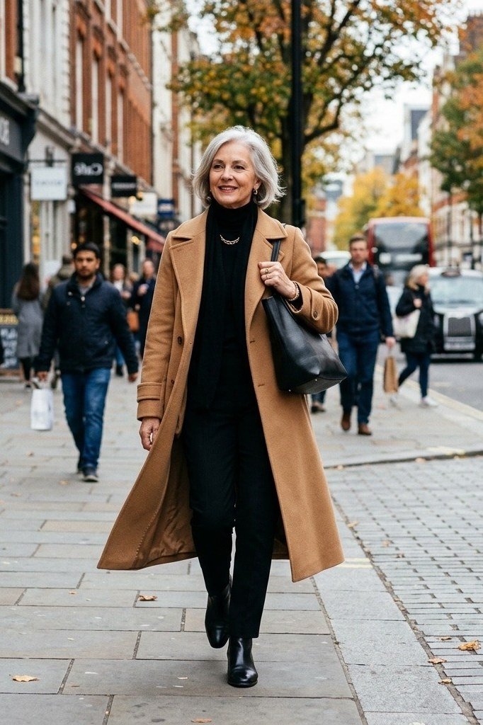 Older woman in a camel coat with a black outfit on a busy city street - stylish fall look for older women