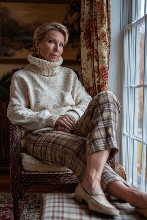 Older woman in a cream turtleneck with plaid trousers, seated on a chair by a window - stylish fall look for older women