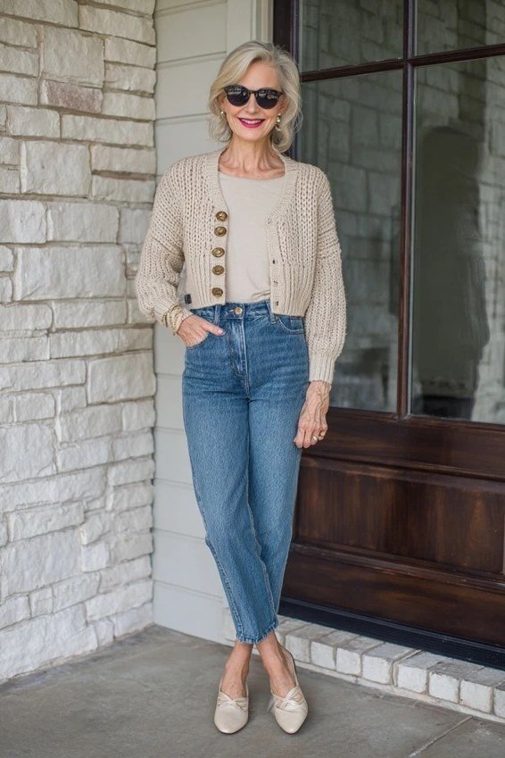 Older woman in a cream cardigan with a white tee and jeans, standing in a doorway - stylish fall look for older women