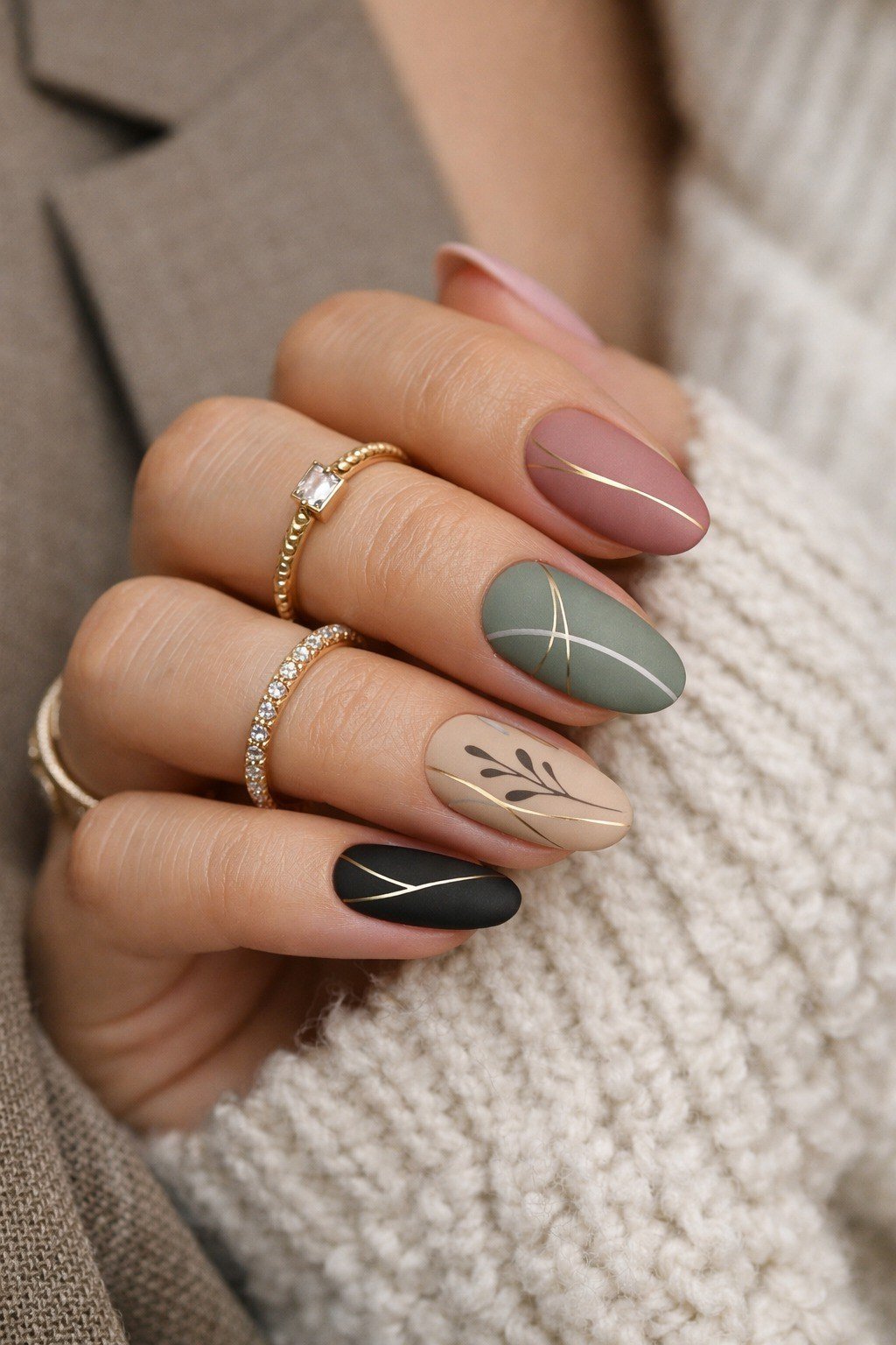 Short nails in muted mauve, sage green and nude tones against a beige sweater