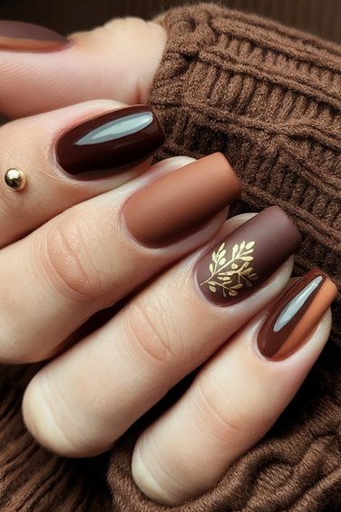 Dark chocolate nails with a gold leaf accent nail