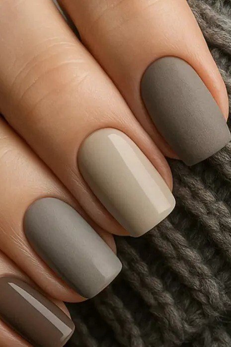 Short taupe and gray nails with a gray knit sweater
