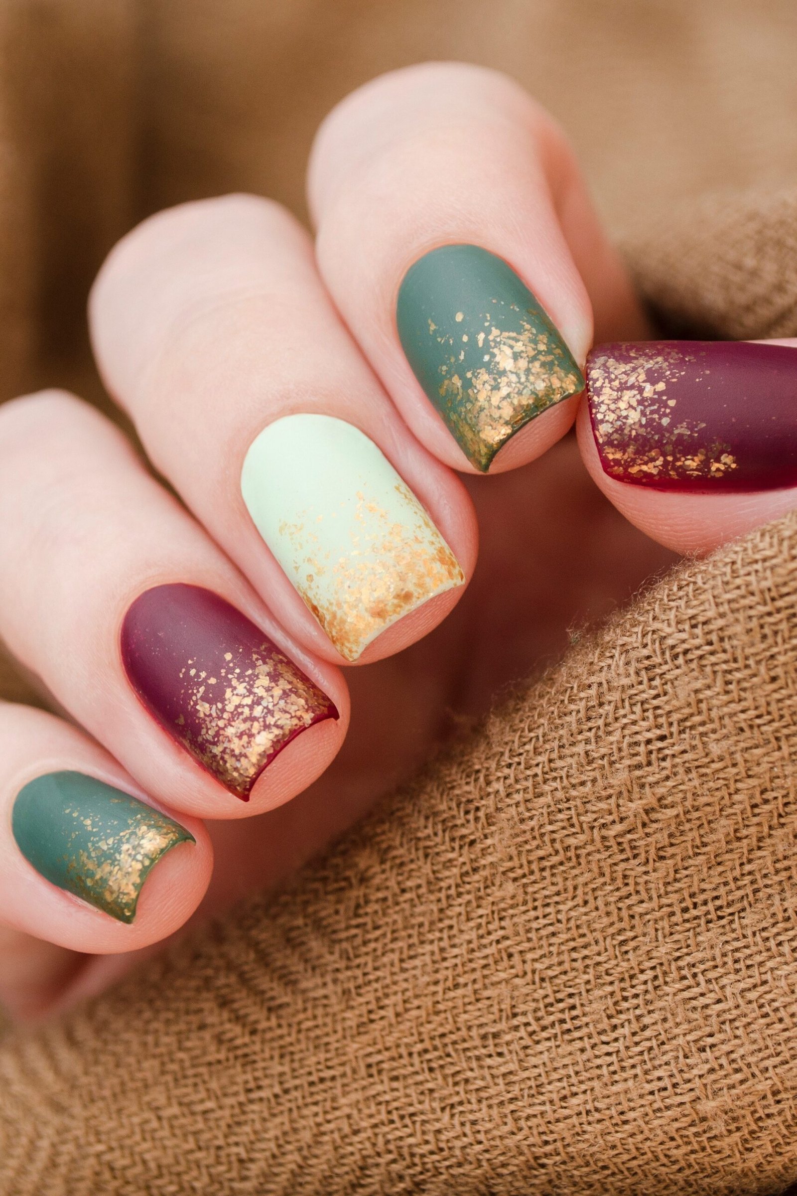 Colorful glitter fall nails in green, gold and burgundy