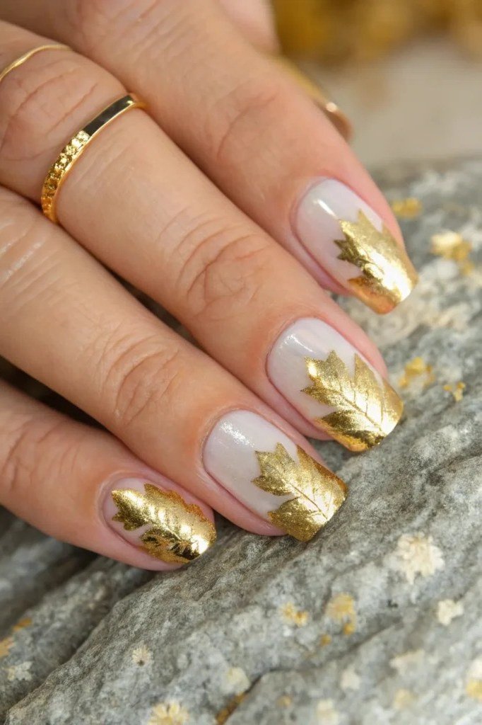 White nails with gold leaf accents
