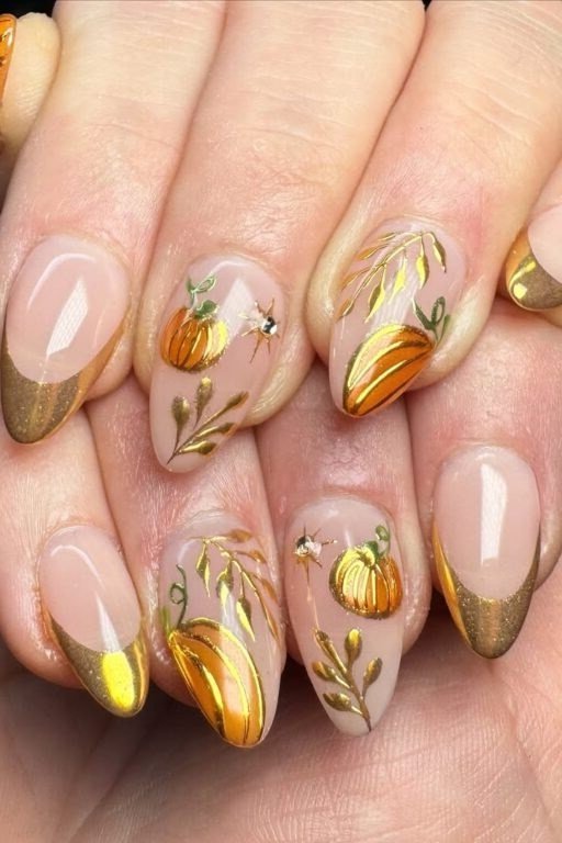 Pumpkin and gold fall nail art