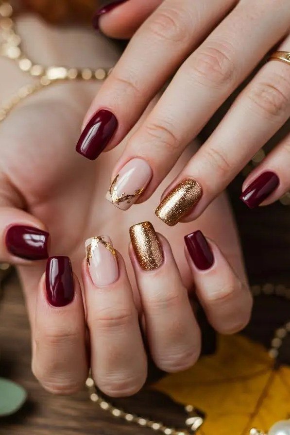 Burgundy and gold nails with mini pumpkins