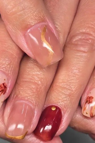 Pink and red fall marble nails