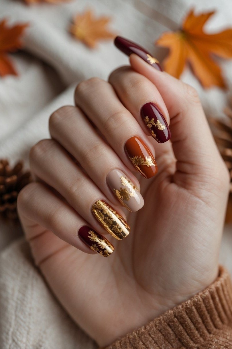 Dark red nails with gold accents
