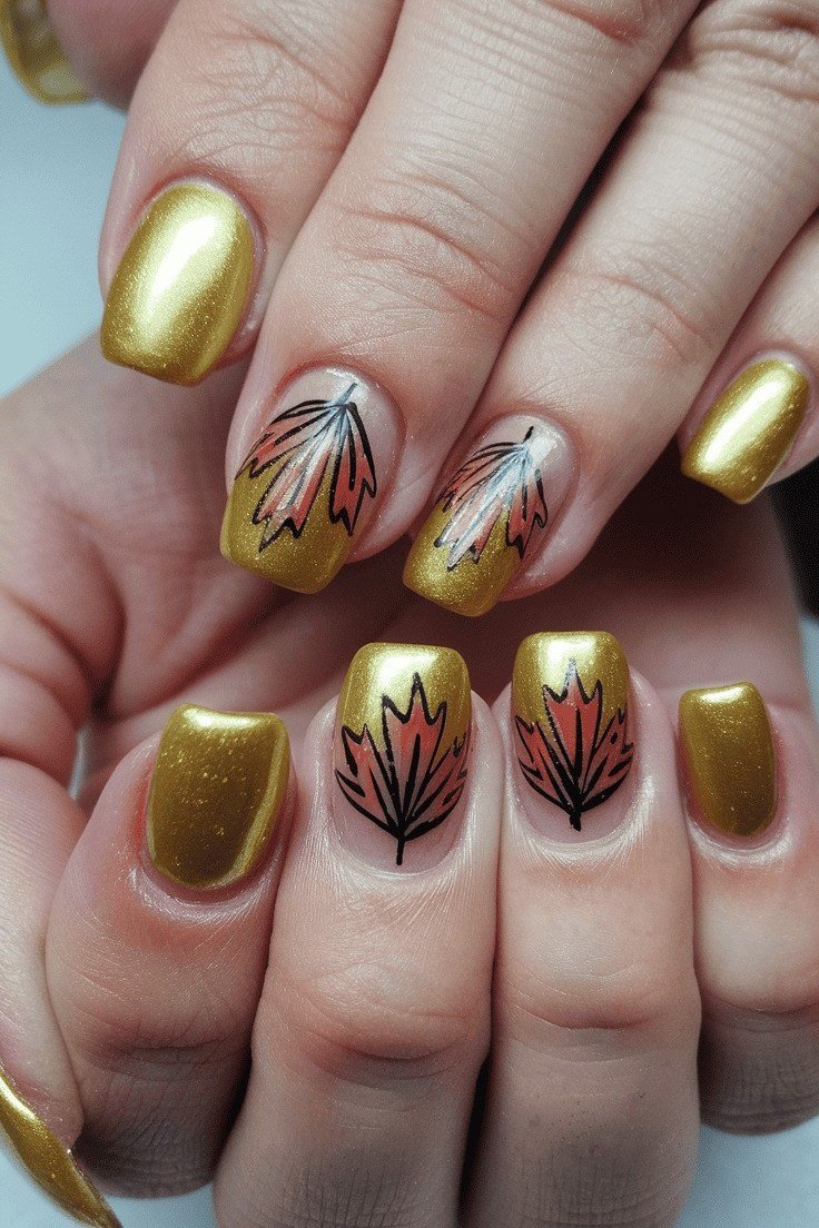Gold chrome nails with leaf nail art